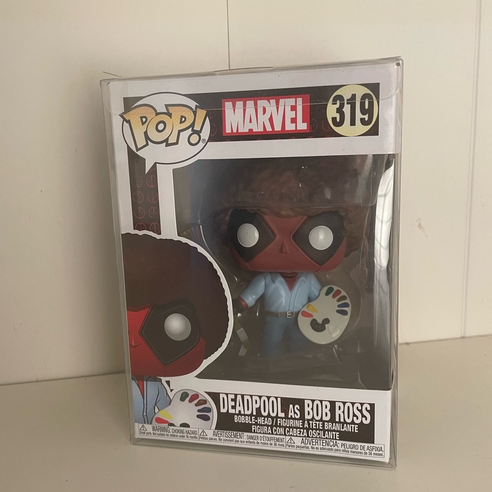 Funko Pop Marvel Deadpool as Bob Ross Figure - Red, Blue, Brown